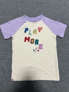 H&M Cream Tee with Lavender Raglan Sleeves and Multicolor 'PLAY MORE' Graphic